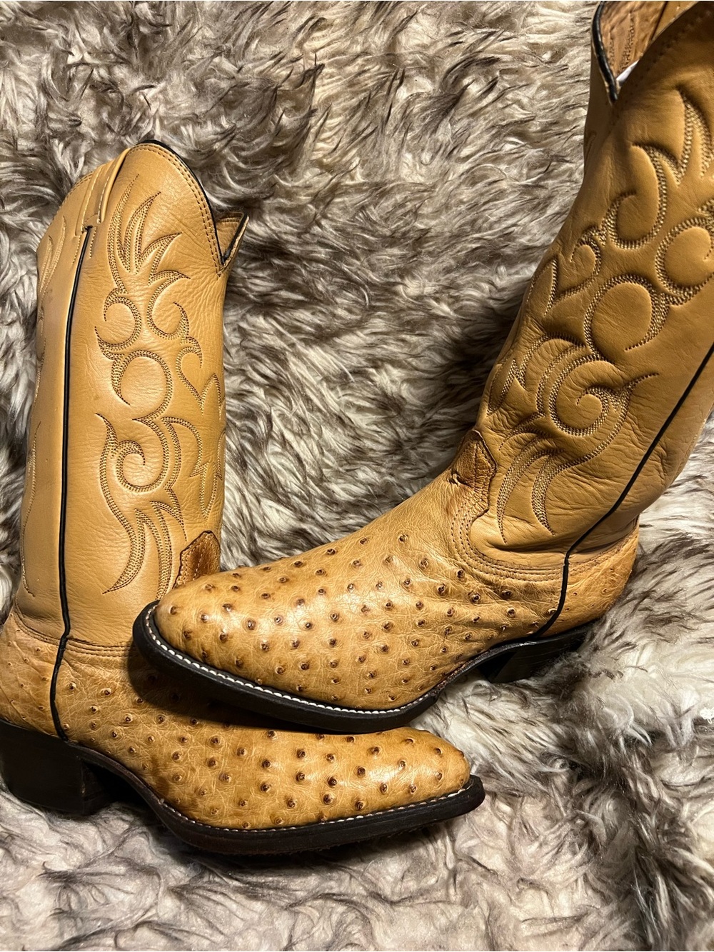 Men's Tan Ostrich-Texture & Leather Western Boots Sz 7.5 E
